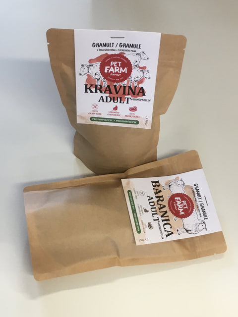 Kravina + Baranica granule pro dospělé psy – Výhodný ochutnávkový dvojbalíček